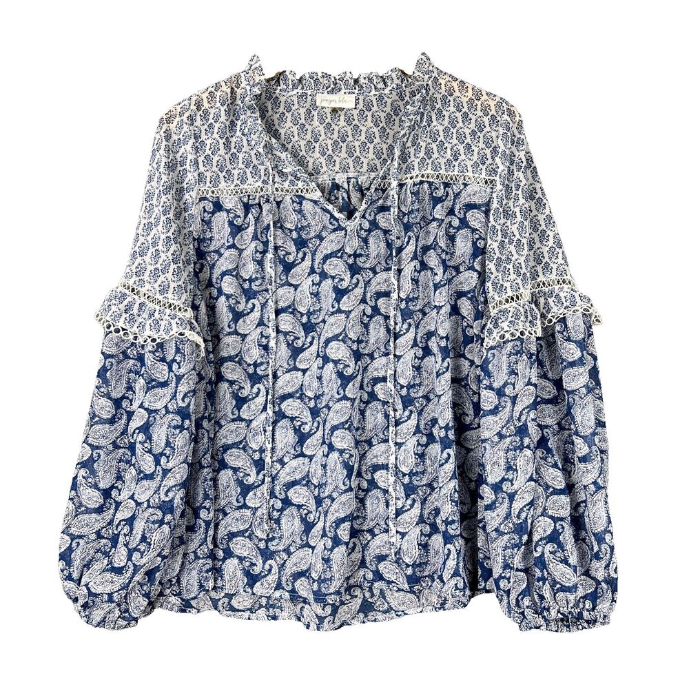Juniper Blu Womens M Sheer Chiffon Boho Paisley Blouse Lace Trim Long Sleeve